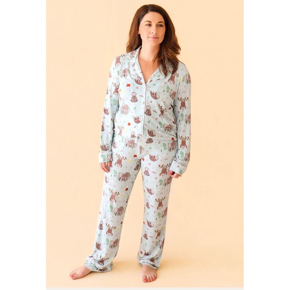 Posh Peanut Silas Sloth Luxe Pajama Pant Set Blue Bamboo Viscose Women Large NEW